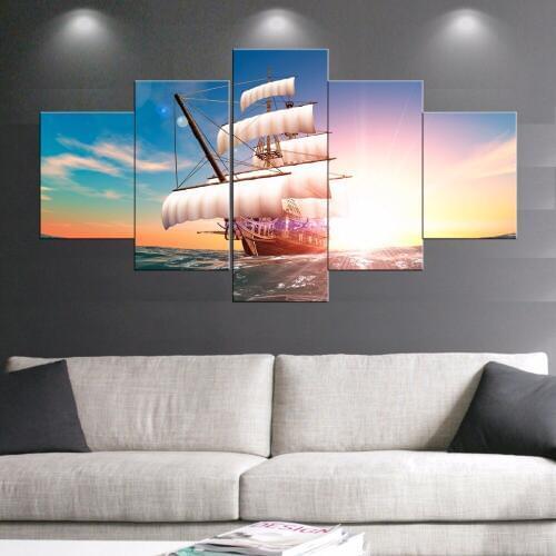 5 pcs Landscape Boat in Sunset Sea Canvas Print wall Art pictures for living room bedroom cuadros decorative pictures