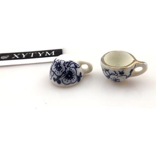 50pcs/lot Blue Flower Printed Antique Chinese Style Teacup Pendants 16x11x9mm Ceramic Charms For DIY
