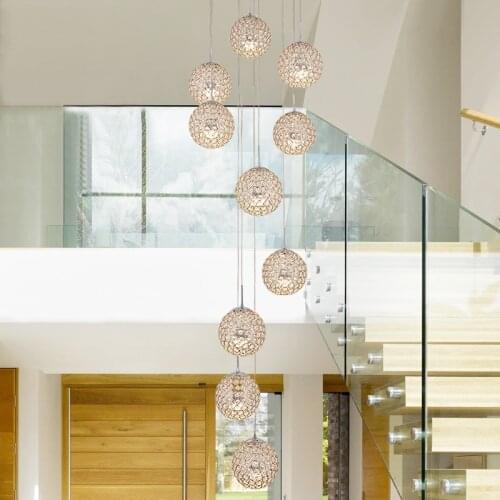 American Living Room Penthouse Lobby Apartment Rotating Long Round Ball Crystal Staircase Chandelier Light For Home High Ceiling
