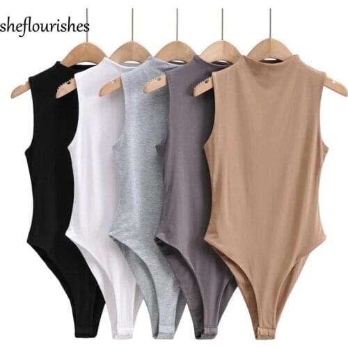 Summer sleeveless bodysuit women sexy bodycon outfits solid knit rompers turtleneck women basic casual bodysuit white black