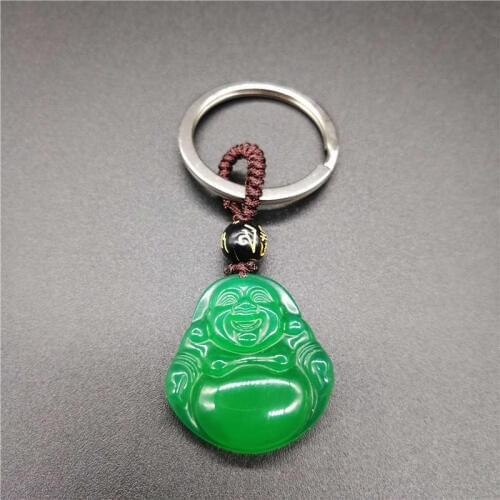 Green Color Ice AAA Green Chalcedony KeyChain Laughing Buddha Lucky Fine Carving Buddha KeyChain