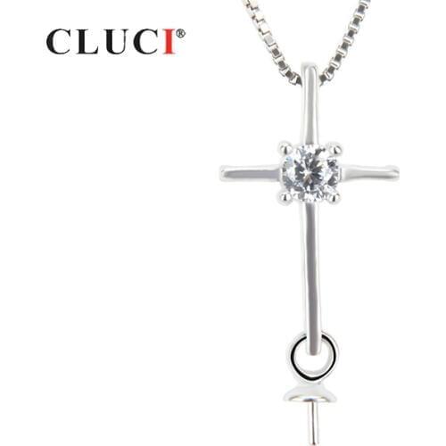 CLUCI Silver 925 Cross Shaped Pendant for Women Jewelry 925 Sterling Silver Pearl Pendant Mounting Zircon Cross Pendant SP011SB