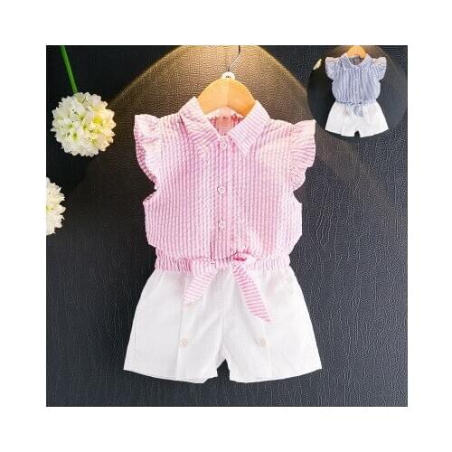2019 New Summer Casual Children Sets Stripe Pink Blue T-shirt+ Pants Girls Clothing Sets Kids Summer Suit For 2-8 Years