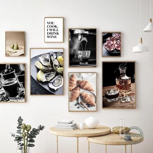Fruit Dessert Coffee Bread Kitchen Poster Wine Pomegranate Pear Canvas Painting Wall Art Picture for Dining Room Restaurant