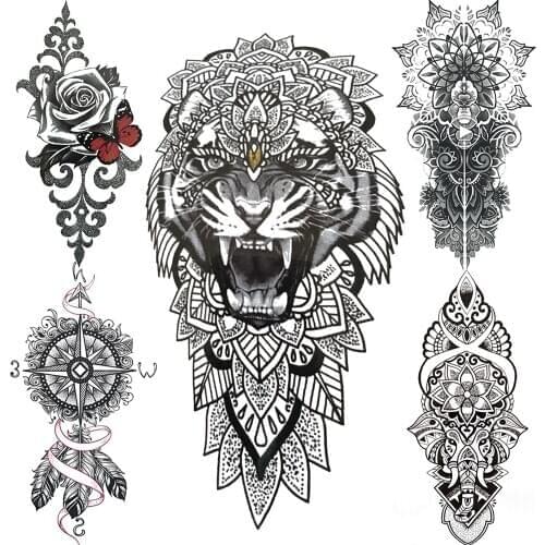Geometric Tiger Temporary Tattoos For Men Women India Lace Black Compass Tattoo Waterproof Henna Line Fake Tatoo Sheets Armband