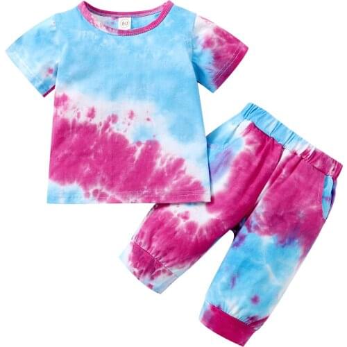 1-4Years Children Kid Baby Boy Girl Summer Clothes Set Fashion Toddler Short Sleeve Tie-dye Printed Tops Shirt + Pants