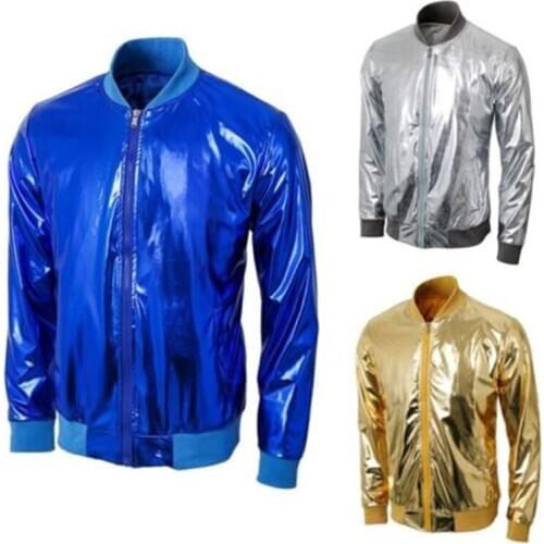 Mens Shiny Metallic Zip Up Stand Collar Jacket Men Night Club Party Halloween Cosplay Cool Baseball Thin Jacket Coats