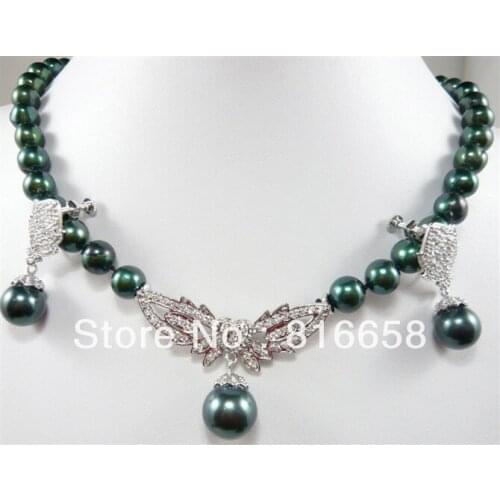 Beautiful black shell pearl necklace earrings drop set
