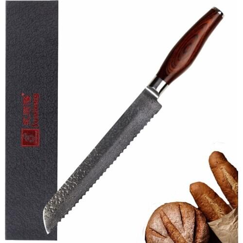 Sunlong Bread Knife 8 inch Cake Serrated Knife Japanese Hammer Damascus steel Slamwich Slicer Redwood Handle