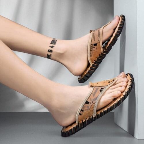 Italian Fashion Flip Flops Mens Leather Shoes Men Fashion Flipflops Casual Slippers Beach Sneakers Summer Man