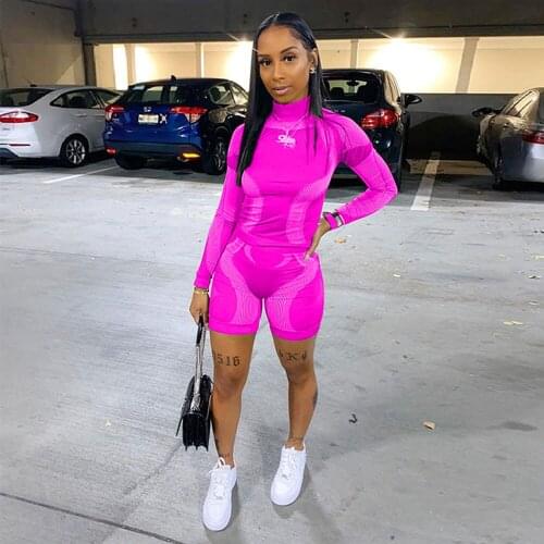 Sportswear Fitness 2 Two Pieces Set for Women Long Sleeve Turtleneck Tight Top and Skinny Biker Short Summer Activewear Suits