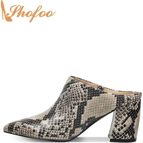Natural Snake Pumps High Chunky Heels Women Slippers Pointed Toe Slip On Large Size 14 16 Lady Fashion Mature Mules Shoes Shofoo