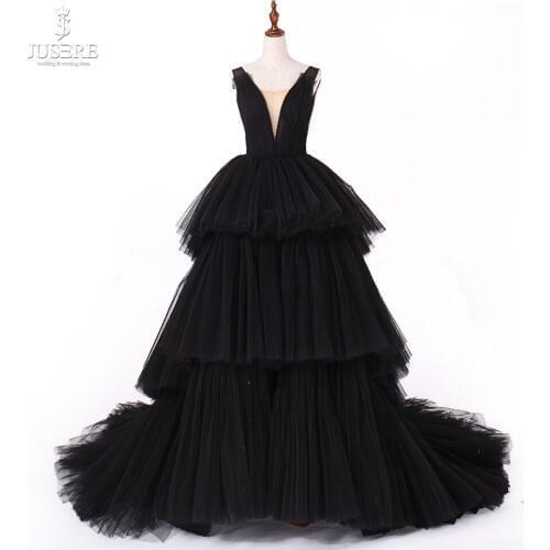 Jusere Real Photos Black Gothic Maxi Dress Prom Dresses Tired Cup Skirt Evening Dress With Tail 2019 New