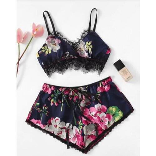 Womens Pajamas Cute Print Sexy Lingerie Cami Top and Short Pants Silk Satin Lace Home Clothes For Women pijama summer