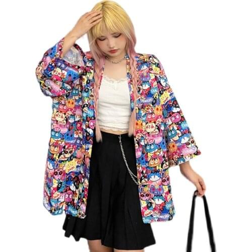 New Summer Shirt Women Oversize College Style Cartoon Anime Pattern Print Loose Short Sleeve Blouse Female Vintage Man Shirt