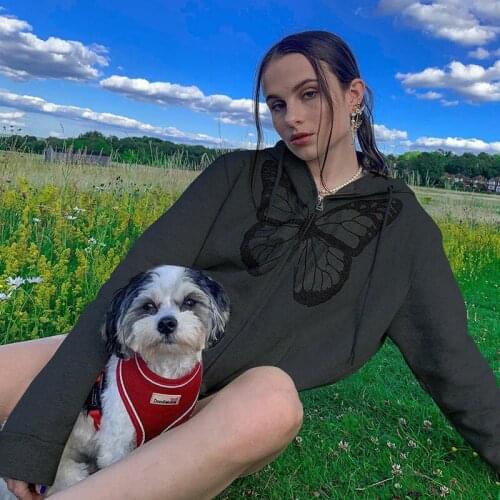 2021 Fall/Winter Women Y2K Fashion Hot Rhinestone Long Sleeve Hoodie Butterfly Print Hoodie Zip Jacket Women With Pockets