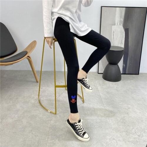 New Threaded Solid Color Leggings Womens High Waist Cartoon Mickey Embroidered Stretch Slimming Tight Stretch Leggings