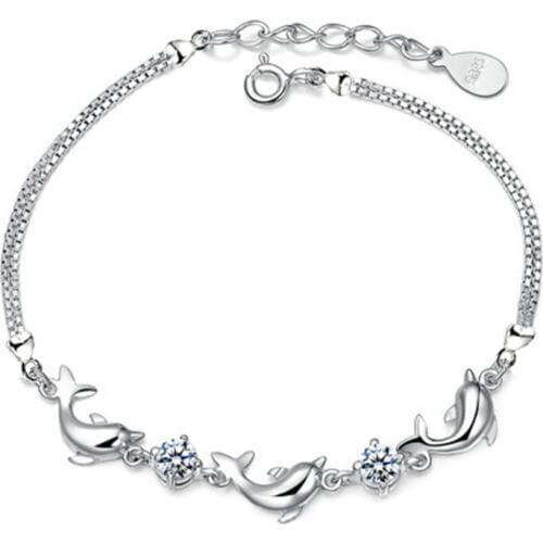 100% 925 sterling silver fashion dolphin design shiny crystal ladies` bracelets jewelry wholesale bracelet Anti allergy gift