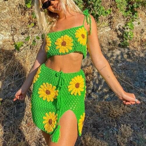 Women Outfits Summer Knitted Suit Floral Crochet Crop Cami Top + High Waist Split Skirt Beach Vacation Y2K Two Piece Set