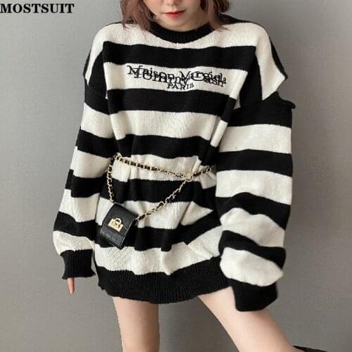 Oversized Striped Knitted Pullover Sweater Women Full Sleeve O-neck Long Tops Chic Hollow Letters Emrbroidered Loose Jumpers