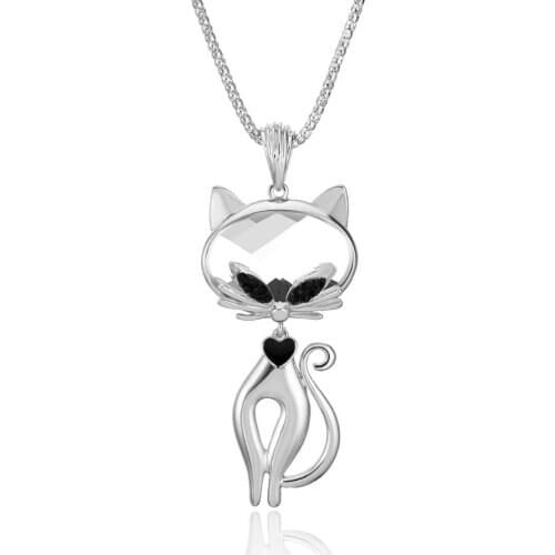 Big Crystal Cat Pendant Necklace Silver Color Long Chain Necklace Women Jewelry Party Gifts 2020 New