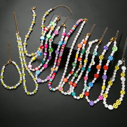 Korean irregular Imitation Pearl Choker Necklace For Women Cute Bohemian Fruit Flower Smile Face Beads Necklace Gift Jewelry