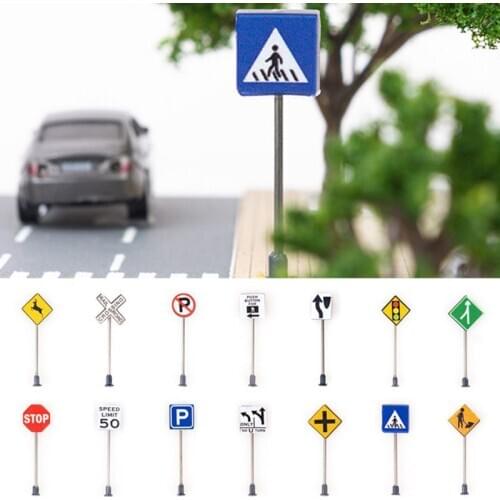14Pcs/Set 1/87 Scale Model Mini Traffic Signs Building Sand Table Model Accessories DIY Micro Landscape Decoration Road Signs
