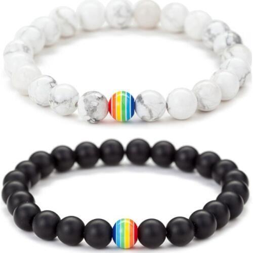 2Pcs Black White Unisex Couple Gay Pride Lovers Matte Agate Beaded Bracelets Kit Fashion Jewelry