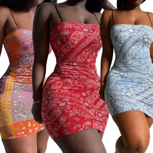 2021 New Bandana Paisley Print Women Dress Spaghetti Strap Strapless Summer Beach Mini Dress Nightclub Party Bodycon S-XL