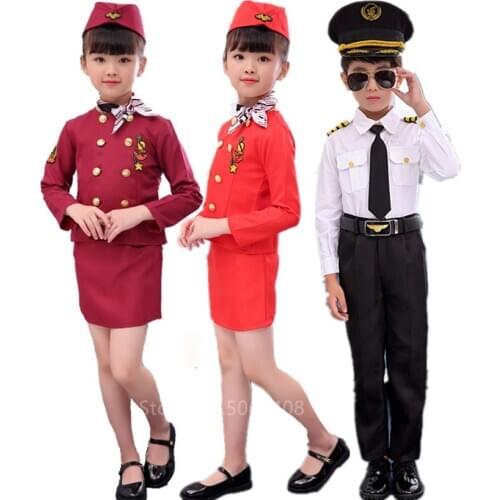 2020 Halloween Carnival Party Pilot Cosplay Costumes for Kids Boys Birthday Gift Girls Flight Attendant Dress Stewardess Uniform