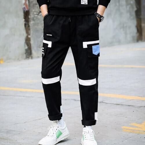 Men cargo pants 2020 new arrival spring and autumn black pockets cotton letter male ankle-length pants teenager boys fashion n60