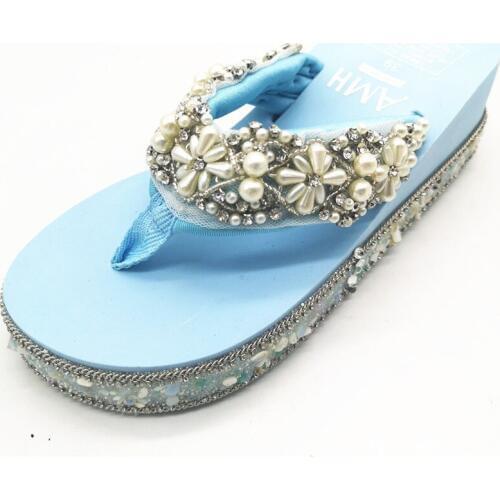 HAHAFLOWER women wedge platform sandals flowers pearl summer shoes outdoor slippers slip on rhinestones sandal lady shoes