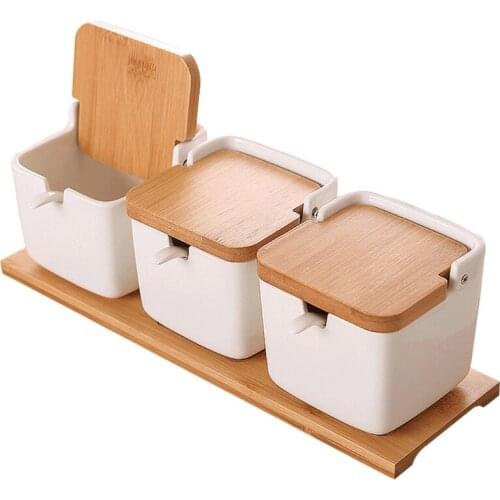 Ceramic Sugar Bowls Set for Sugar Serving Spice Salt with Spoons and Bamboo Lids Square Porcelain Condiment Jar Spice Container