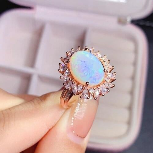 Fashion Round Sun Flower Natural Gem Stone Ring 10*13mm Natural Multicolor Opal Ring S925 Silver Womens Girl Party Jewelry