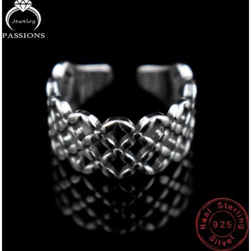 Wholesale Ethnic Style Antique 925 Sterling Silver Hollow Rhombus Net Rings Open Resizable Fashion Ring Women Street Style Rings