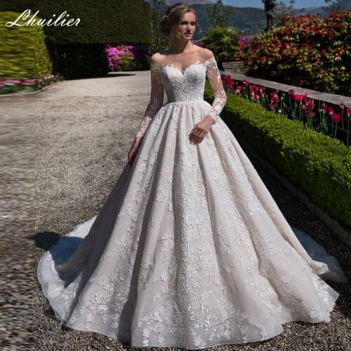 Lhuilier A Line Scoop Neck Lace Wedding Dresses 2021 Full Sleeves V-Back Floor Length High Waisted Bridal Gowns Chapel Train