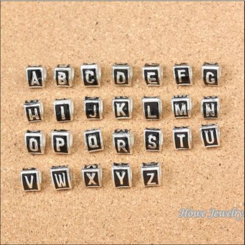 Mix 52PCS triangle black enamel English Alphabet charm antique silver plated diy earring fit bracelet (8*9*6mm)