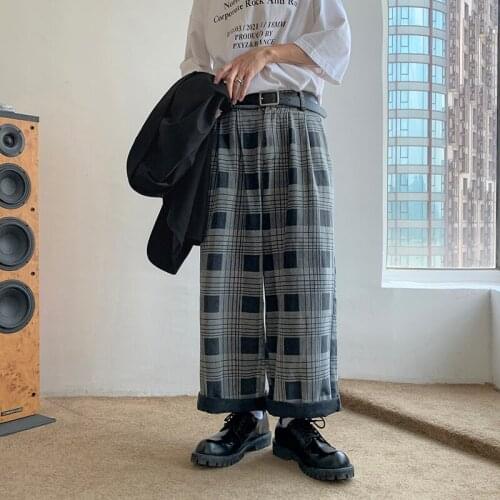 2021 Mens Plaid Printing Jeans Streetwear Wide Leg Pants Loose Blue/black Casual Pants Trendy Fashion ​Trousers Size M-2XL