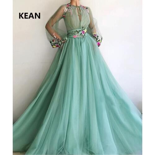 Mint Green Evening Dress V-Neck Full Sleeves Flowers Slit Islamic Dubai Kaftan Saudi Arabic Evening Gown Prom Dress vestidos