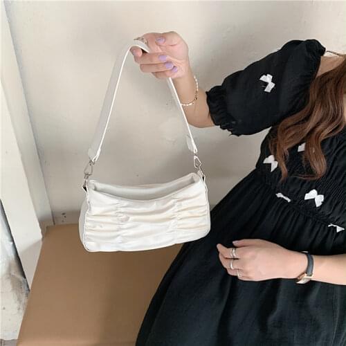 Simple Solid Color Women Underarm Bag Vintage Female Pleated PU Leather Chain Shoulder Bags Fashion Ladies Hobos Purse Handbags