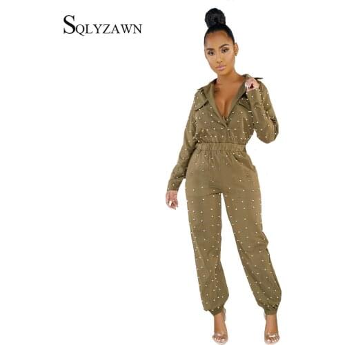 Sexy One Piece Outfit Beading Jumpsuits 2019 Autumn Winter Long SleeveTurn-down Collar Pocket Party Club Rompers Womens Jumpsuit
