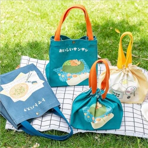 Cute Japanese Style Lunch Bags For Women Kids Picnic Travel Camping Cartoon Drawstring Button Portable Canvas Handbag Organizer