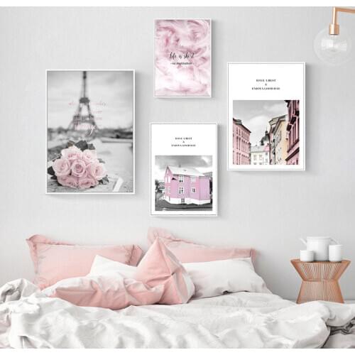 Nordic Canvas Painting Home Decor Modern Landscape Feather Picture Wall Art Pink Flower Print Living Room Backdrop Decor Poster