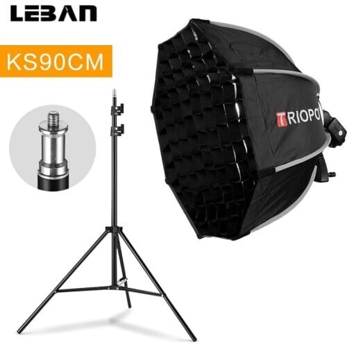 TRIOPO 90cm Foldable Octagon Softbox Bracket Mount Softbox Handle + 2m Light Stand + Honeycomb Grid for Godox Speedlite Flash