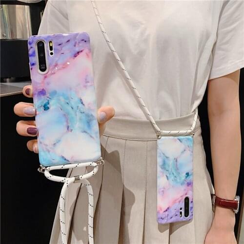 Stylish Gradient Pink Purple Blue Marble Case for Samsung Galaxy S10 5G S8 S9 S10 S20 Plus Note 10 8 9 Crossbody Strap TPU Cover