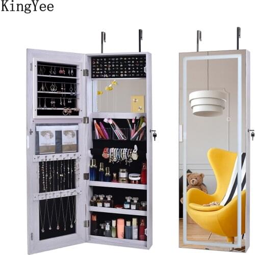 KingYee LED jewelry storage box, full-length mirror wall-mounted door jewelry cabinet, storage cabinet, bedroom mirror storage