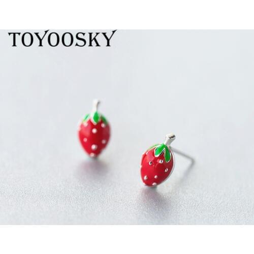 TOYOOSKY 100% 925 Sterling Silver Women Jewelry Fashion Cute Tiny Fruit Stawberry Stud Earrings for Daughter Girls