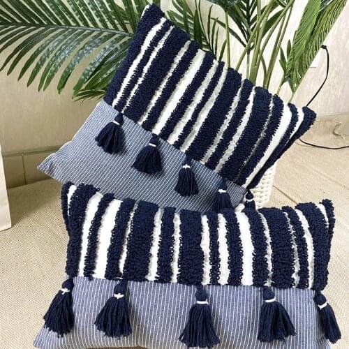 Bohemian Tassel Cushion Cover 45X45cm/30X50cm Striped Tufted Pillowcase Blue Handmade Home Decoration for Sofa Living Room Bed