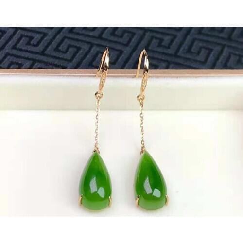 Explosion 100% 18K gold inlaid Hetian Jasper Eardrop Green Jasper Eardrop