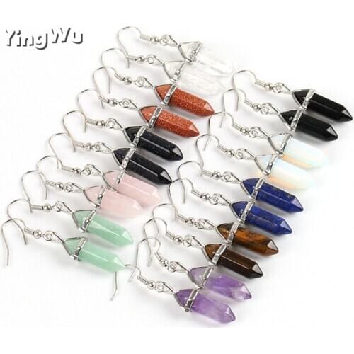 Yingwu Wholesale 10pairs Lot Fashion Hexagon Stone Earrings Natural Quartz Tiger Eye Beads Stone Dangle Long Lady Earrings